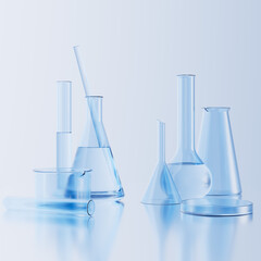 Chemistry laboratory equipment 3d rendering banner. Science cosmetic test lab concept background