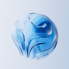 3D rendered blue gradient glass orb with flowing wave-like indentations. Abstract fluid, futuristic, organic form poster design element.