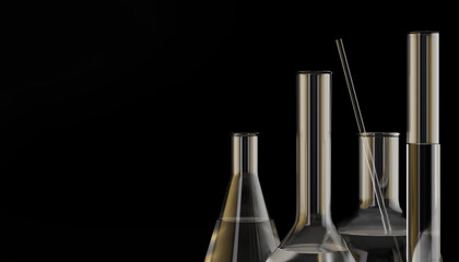 Chemistry laboratory equipment 3d rendering banner. Science cosmetic test lab concept black background