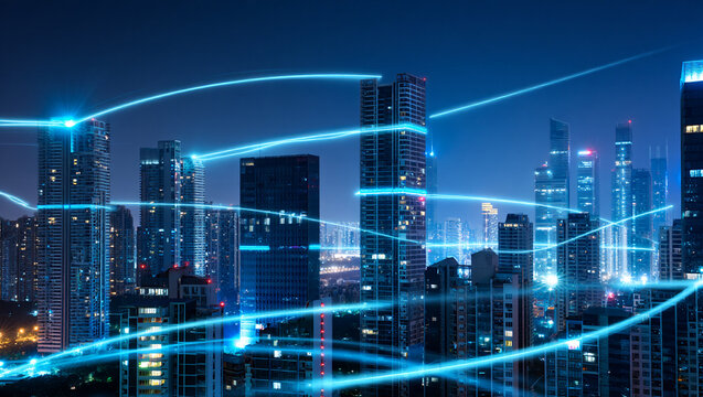 City skyline network connection technology smart city digital technology