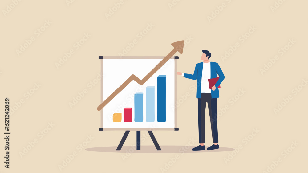 Poster man presenting a growth chart on a whiteboard with an upward trending arrow and bar graph display