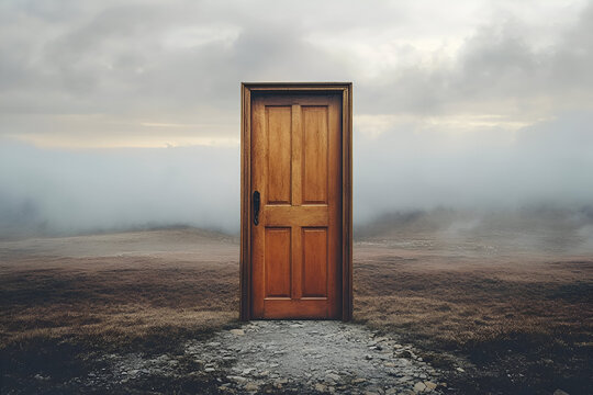 A single door leading into nothingness, representing the uncertainty of future paths and the endless possibilities that exist within the unknown