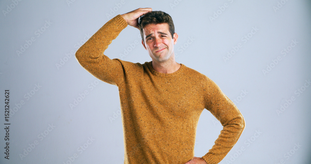 Aufkleber Confused, portrait and scratching head with man in studio for doubt, problem solving or question. Emoji, solution and uncertain with unsure person on white background for answer, decision or mistake