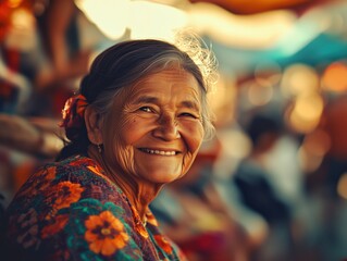 A joyful elderly woman with gray hair smiling warmly at the camera in a vibrant setting.