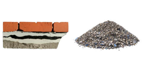 PNG brick segment rests beside a pile of pebbles on a transparent background.
