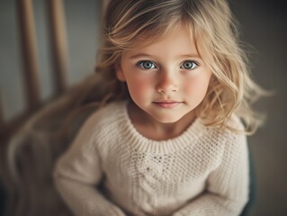 A young girl with long blonde hair and blue eyes, wearing a cozy sweater, looking directly at the camera.