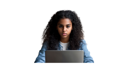 Focused Young Woman Using Laptop, Serious Expression