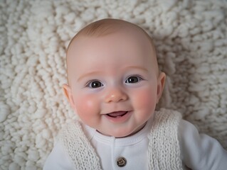 A happy baby with bright eyes and a joyful smile lying on a fluffy white blanket.