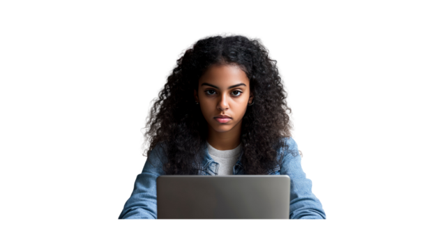 Focused Young Woman Using Laptop, Serious Expression - Powered by Adobe