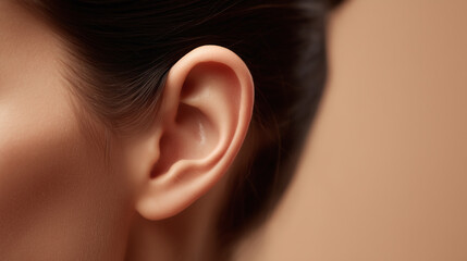 Closeup of ear and side of face with soft lighting highlighting smooth skin and dark hair pulled back, creating calm and natural portrait image