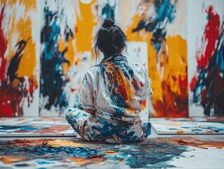 A woman sitting on the floor, surrounded by colorful paint splashes in an art studio.