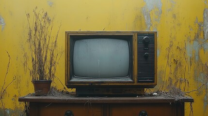 Vintage Television on Yellow Background