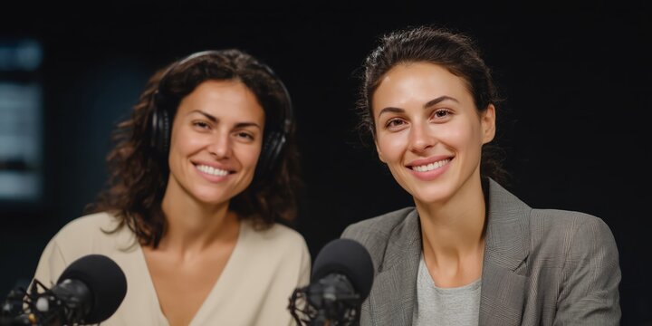 Two young caucasian women hosting a podcast in a studio setting
