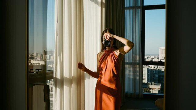 Woman in Orange Dress Photographing City View Through Window