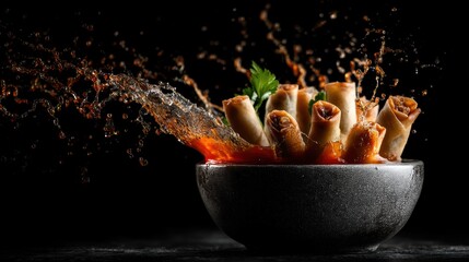 levitating spring rolls with dipping sauce splash
