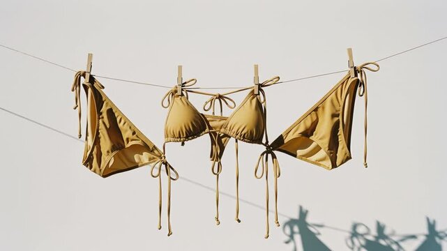 Mustard Yellow Bikini Hanging on Clothesline
