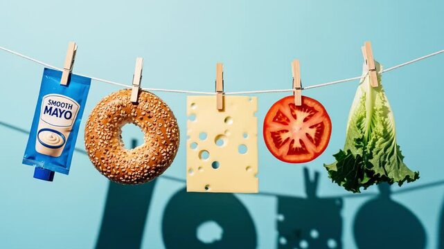 Bagel, Cheese, Tomato, and Lettuce on a Clothesline: A Minimalist Food Still Life