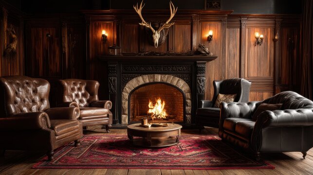 mountain lodge interior with wood paneling
