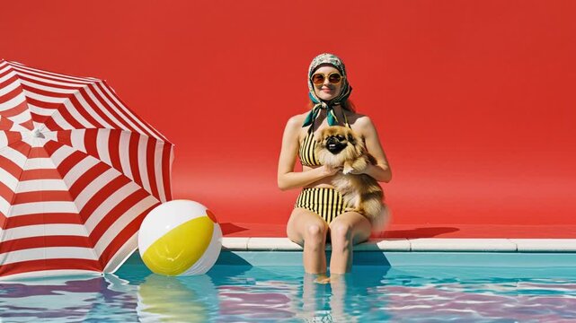 Woman in Retro Swimsuit with Pekingese Dog by the Pool