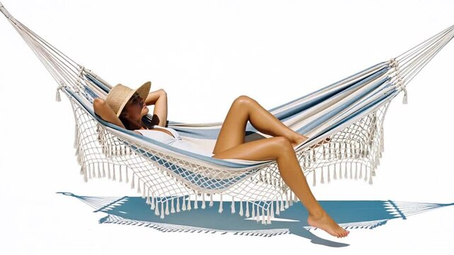 Woman relaxing in a striped hammock, summer vacation concept