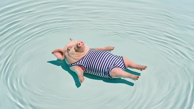 Piglet in Striped Swimsuit Relaxing in Pool Water