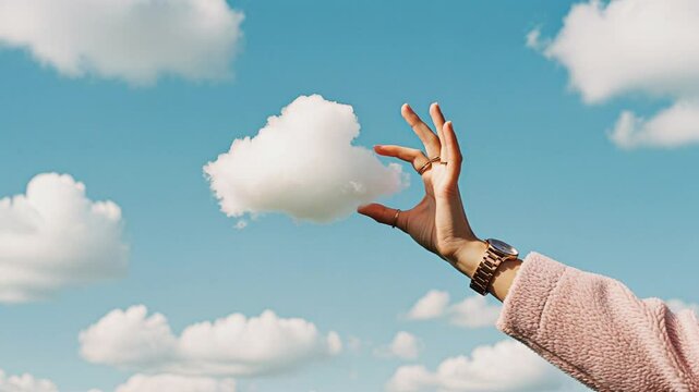 Hand holding a miniature cloud against a blue sky