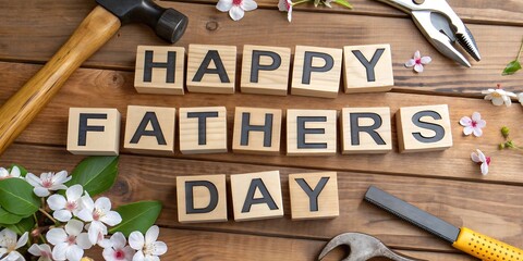 Happy fathers day wooden blocks with tools and flowers