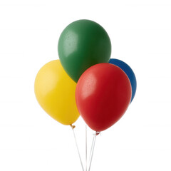 Colorful balloons in green, yellow, red, and blue, isolated on a white background, perfect for celebrations and festive occasions.