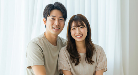 笑顔で寄り添う若い男女のカップル。友達、パートナー、恋人、結婚、新婚イメージ。