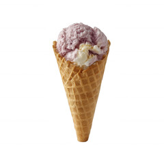 Delicious ice cream cone with creamy swirls of lavender and vanilla flavors, perfect for a sweet treat on a sunny day, isolated on a white background.