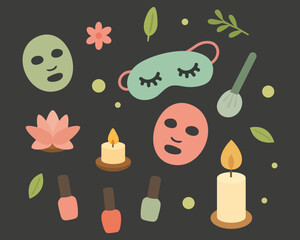 Spa Illustration with Face Masks, Candles, Nail Polish, and Flowers for a Relaxing Wellness Theme Surrounded by Greenery and Lotus in a Calming Design. Vector illustration