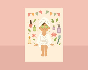 Spa Party Illustration with a Girl in a Robe and Towel, Surrounded by Banners, Balloons, and Spa Items for a Relaxing and Fun Wellness Celebration. Vector illustration