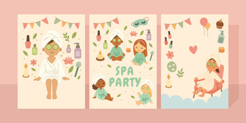 Spa Party Illustration Set with Girls in Robes Relaxing with Face Masks and Nail Polish, Featuring a Banner and Balloons for a Fun Wellness Celebration. Vector illustration