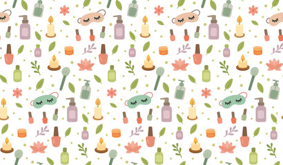 Seamless spa pattern with massage oils, candles, flowers, towels, eye masks, bottles, and herbal leaves for relaxation and beauty design projects. Vector illustration