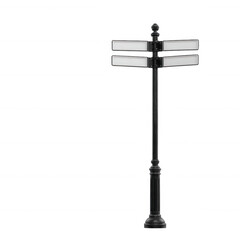 Directional street sign on a black pole, white background for a clean and modern look, perfect for urban and travel themes.