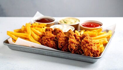 Crispy Fried Chicken and Fries Platter with Dipping Sauces