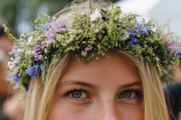 Naklejka premium Blonde woman with vibrant flower wreath in outdoor natural light, fresh summer festival portrait, soft bokeh background.