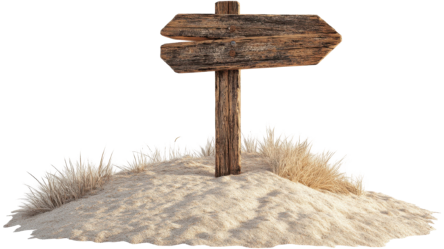 Weathered wooden directional signpost with multiple arrows pointing isolated on white background