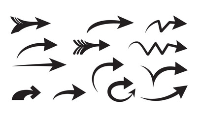 Diverse collection of black arrow silhouettes pointing in different directions for design elements