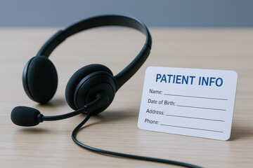 Patient info card and black headset on wooden table for healthcare call center tech patient consultation support service