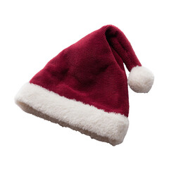 Festive red Santa Claus hat with a fluffy white brim, perfect for celebrating the holiday season. Isolated on a white background for easy use in seasonal designs.