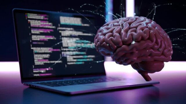 futuristic scene featuring a realistic human brain floating next to an open laptop. The screen displays colorful lines of code, glowing with vibrant syntax highlighting. Particles of digital