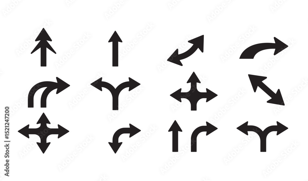Poster collection of black silhouette arrow icons illustrating directional navigation and navigation symbol