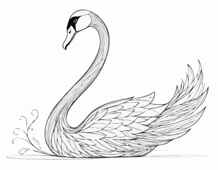 Graceful Swan Line Art Illustration with Intricate Feathers and Elegance