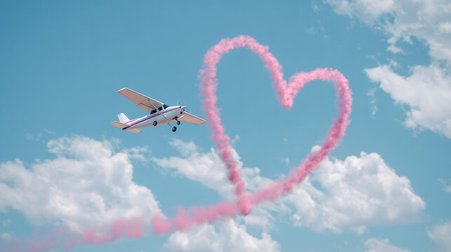 A small airplane creates a pink heart shape in the sky with smoke. The background features fluffy white clouds and a bright blue sky.