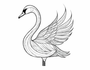 Graceful Swan Line Art Illustration with Intricate Feathers and Elegance