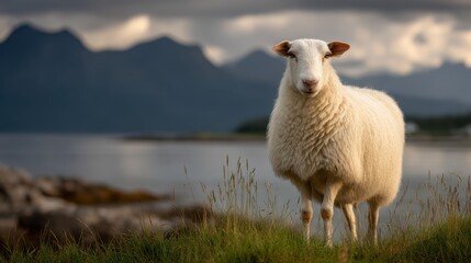 Fototapeta premium sheep grazing near fjord edge in Norway
