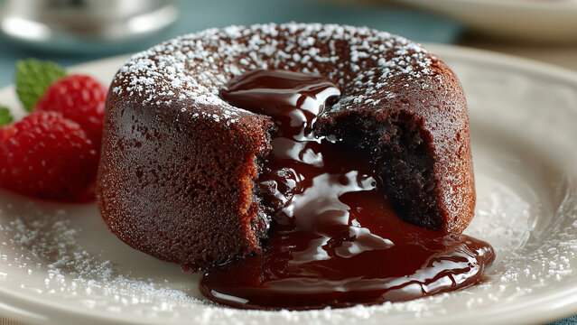 A rich chocolate lava cake with its center sliced open, revealing molten chocolate oozing out, sits elegantly on a grand table, capturing indulgence, texture, and dessert perfection.