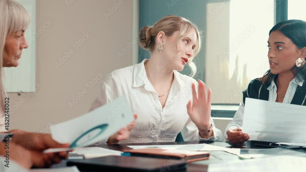 Poster documents, planning and teamwork with business people in meeting for data, sales chart and revenue. 