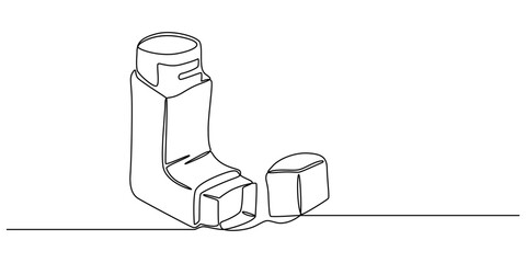 Single one line drawing an inhaler. Medical equipment concept. Continuous line draw design graphic vector illustration, Inhaler for asthmatics, salbutamol, Asthma inhaler, medical supplies, equipment.